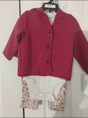 Carter's 3 Pc 3/6 Mo Quilted Hooded Jacket W Onesie And Leggings - Berry Pink